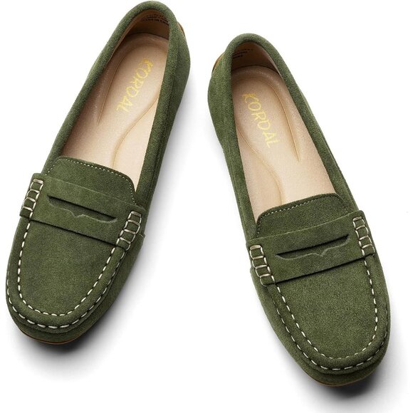 Kordal Women Army Green Suede Gold Accent Buckle Slip-Ons Walking Flats Loafers - Picture 8 of 9